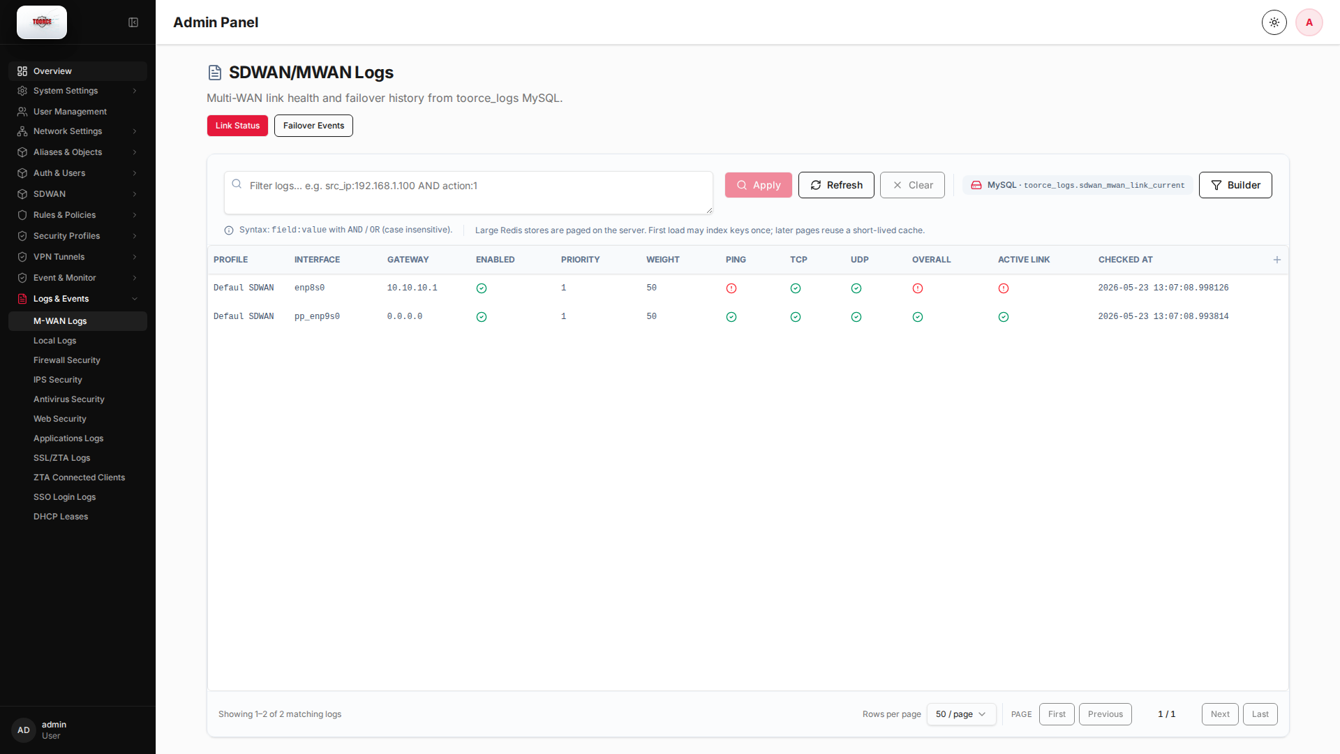 M-WAN Logs — link health and failover monitoring