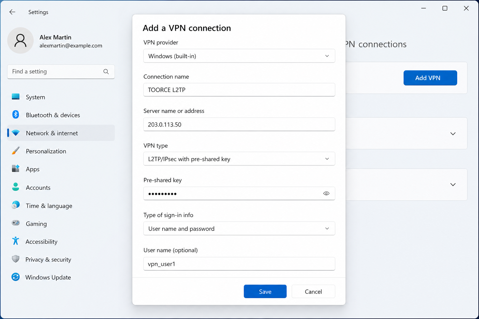 Windows native L2TP VPN settings