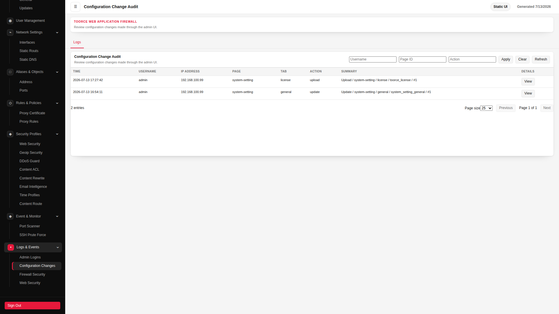 Configuration Changes